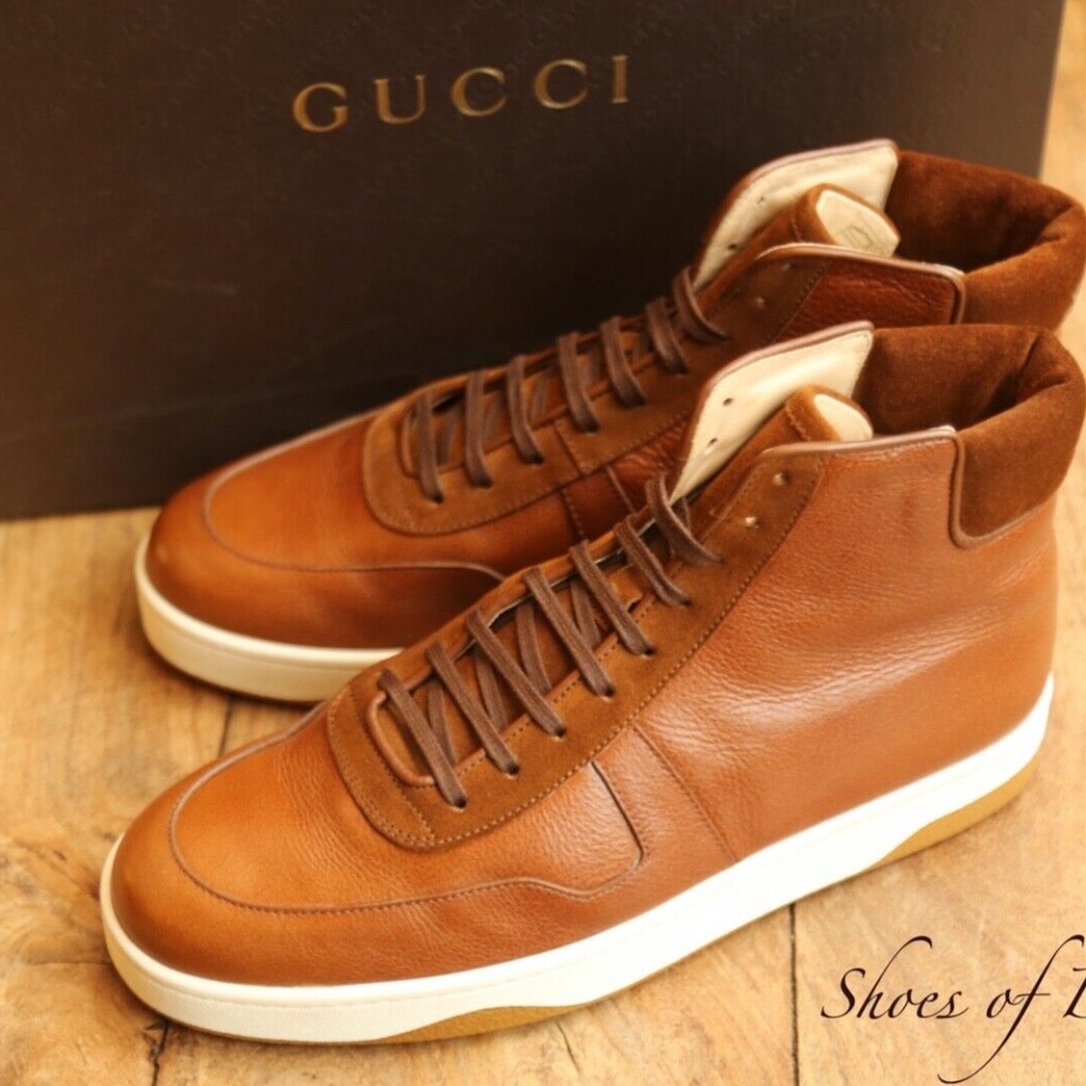 Gucci Brown Leather Suede High Top Sneakers Men's UK 7